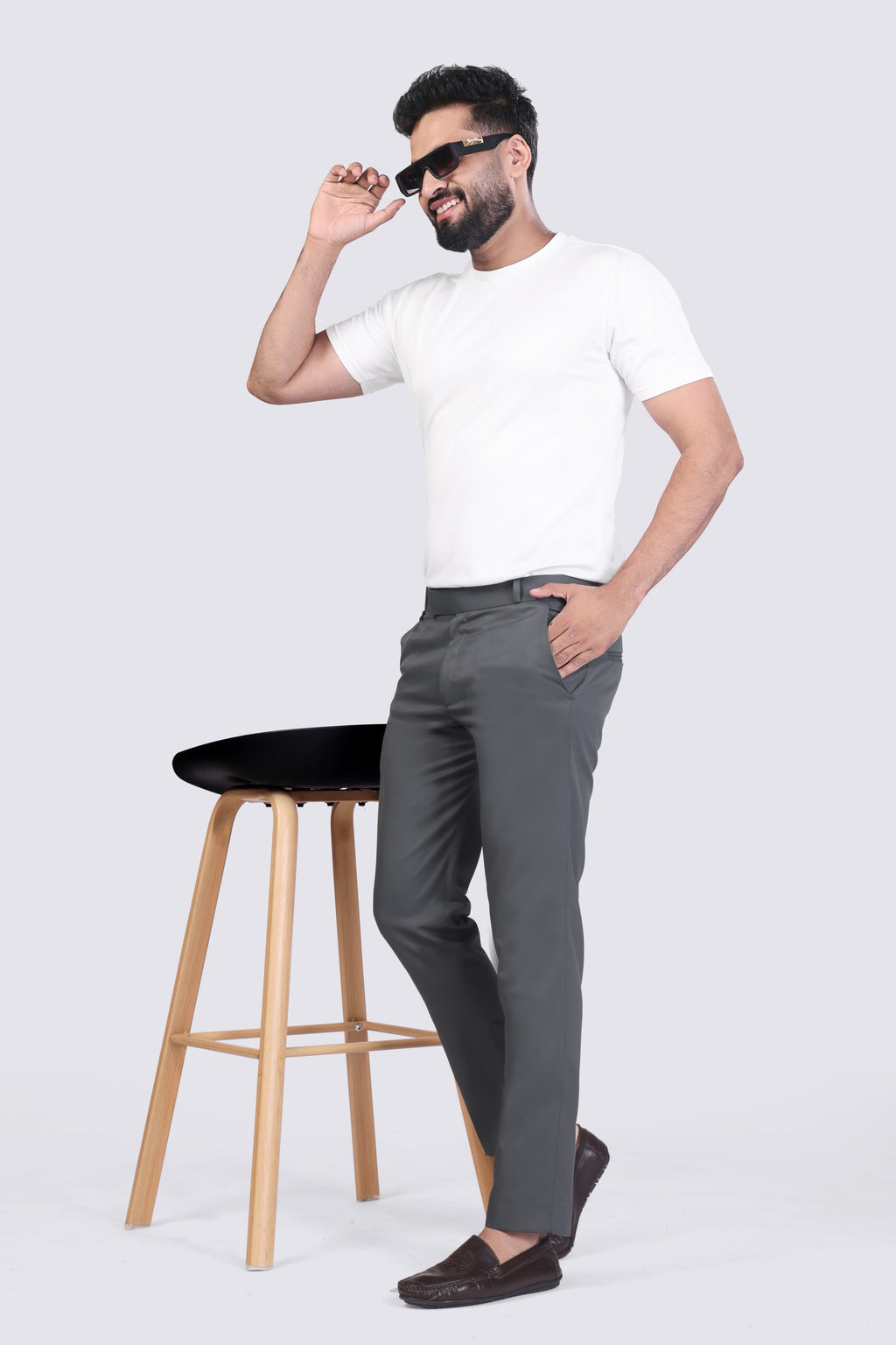 Forest Grey pleated plain ankle length trousers for men
