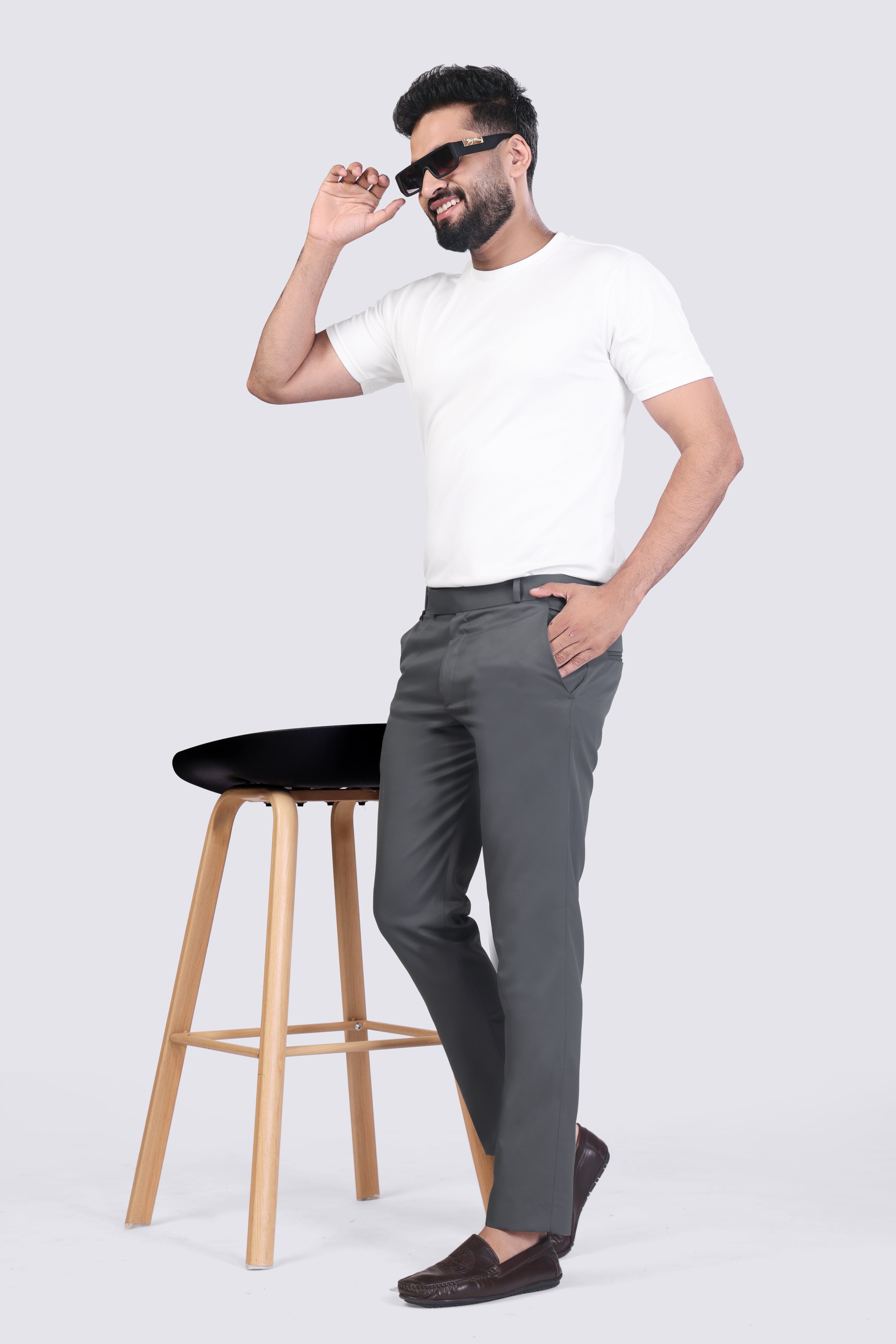 Forest Grey pleated plain ankle length trousers for men
