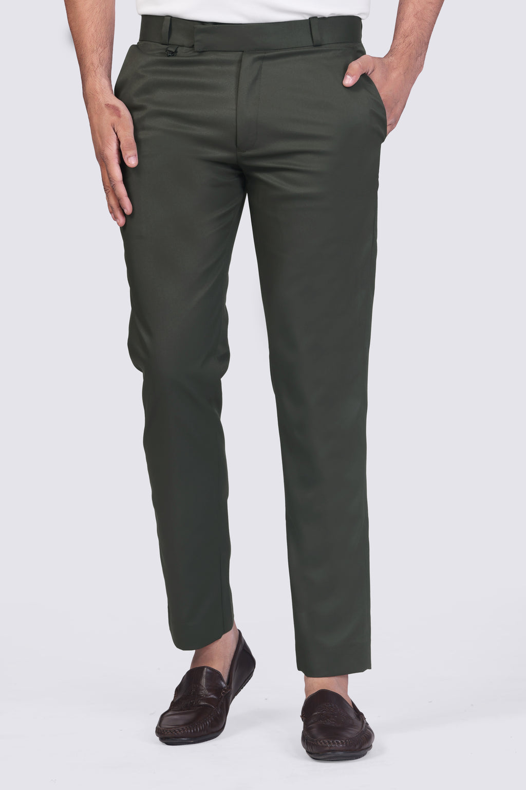 Bottle Green Pleated Plain Ankle Length Trousers for Men's