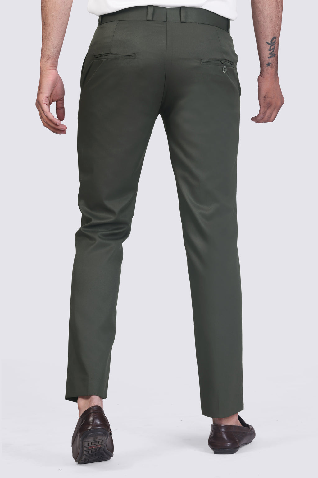 Bottle Green Pleated Plain Ankle Length Trousers for Men's