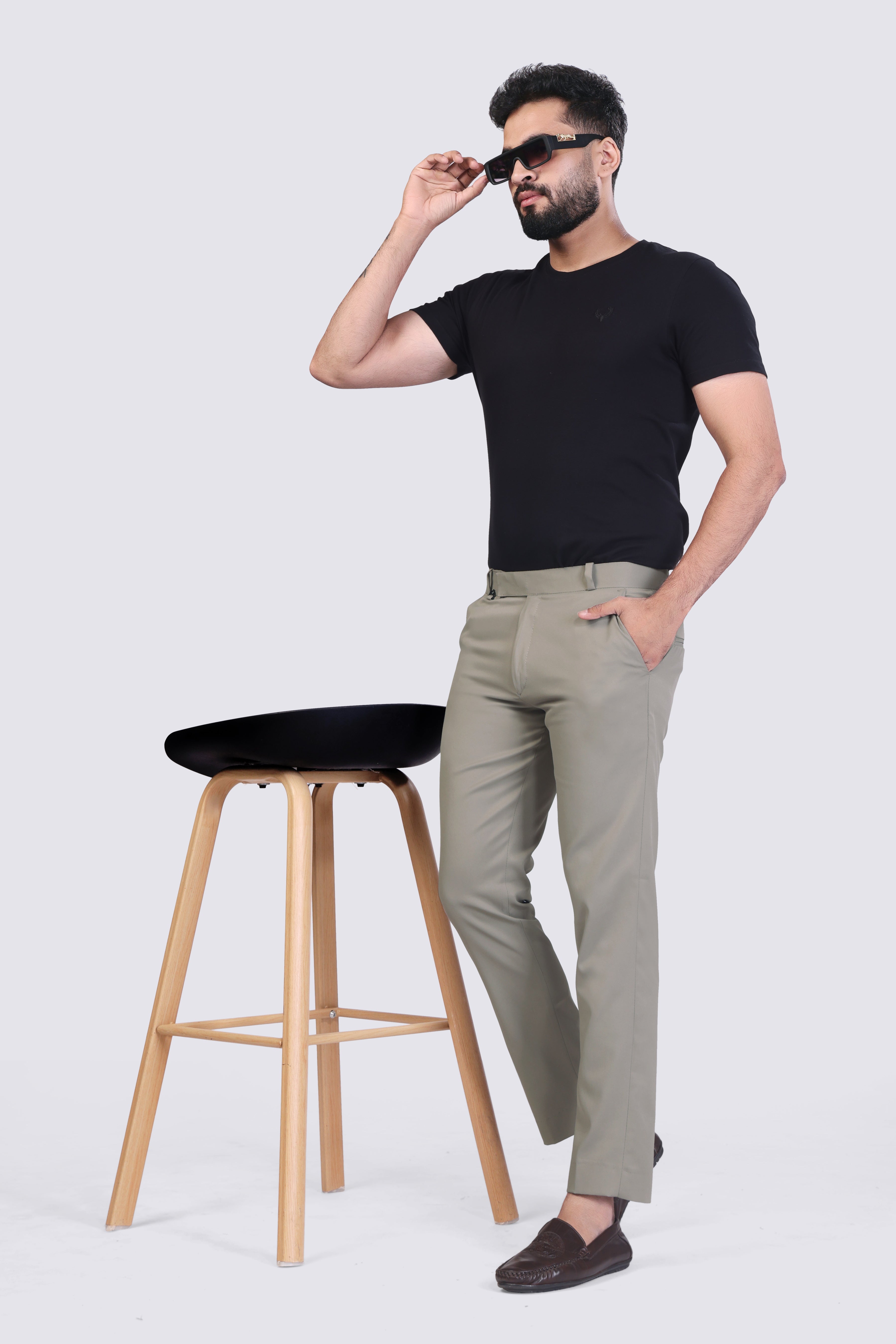 Khaki Colour pleated plain ankle length trousers for men