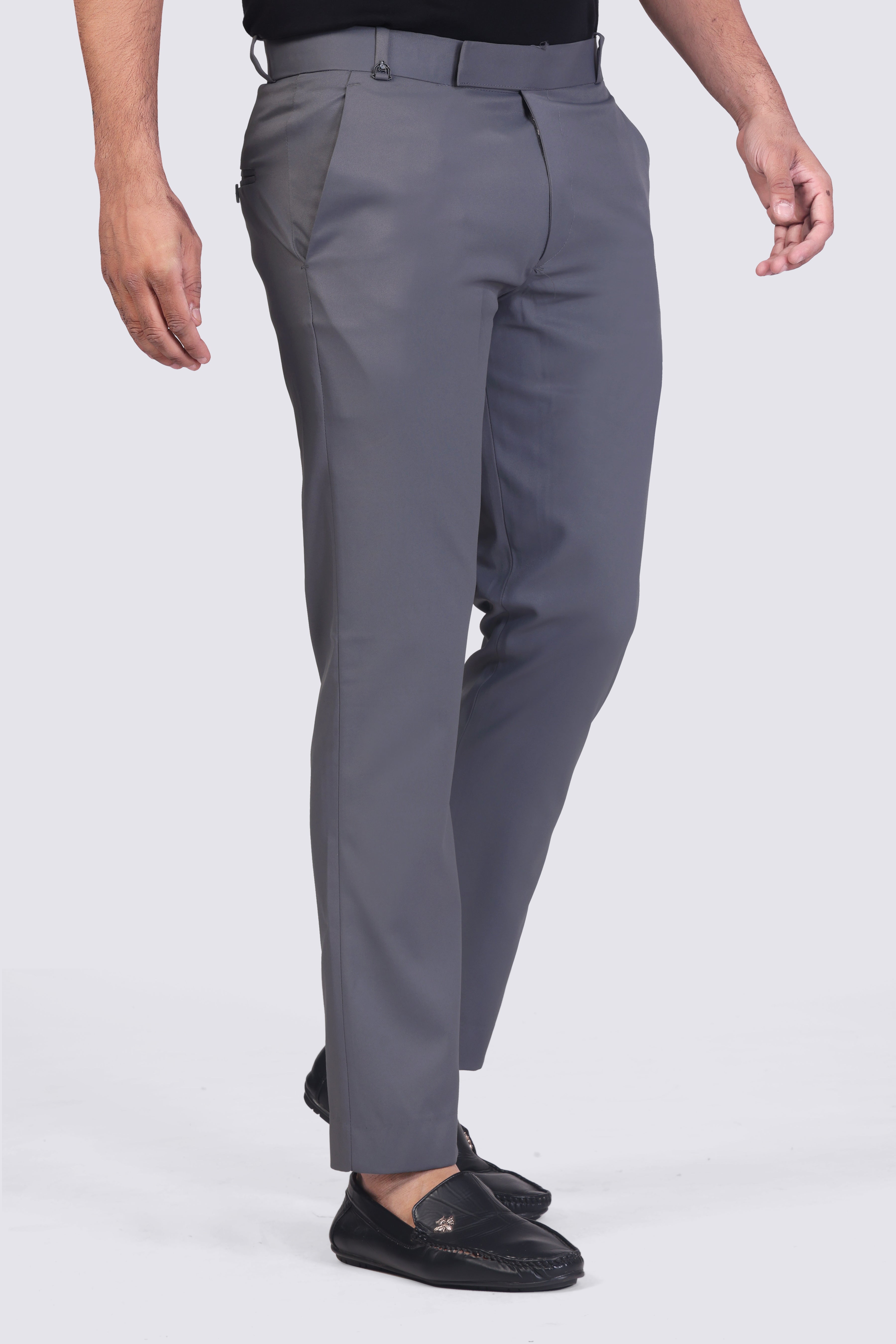 Dark Grey pleated plain ankle length trousers for men