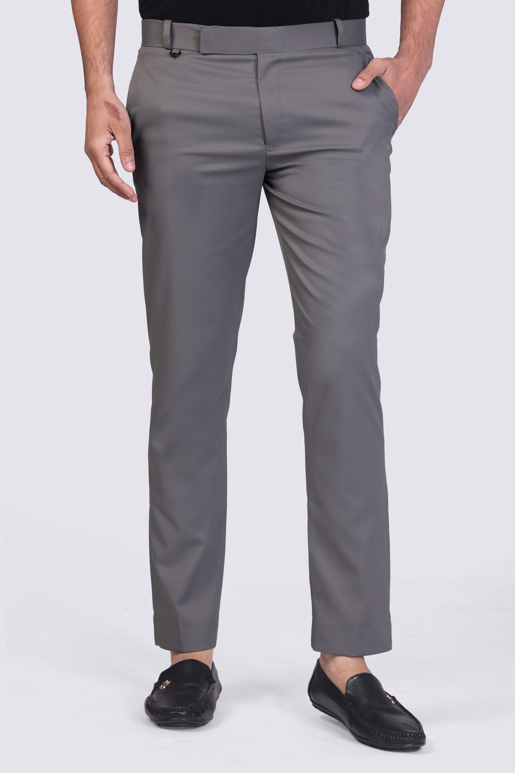 Dark Grey pleated plain ankle length trousers for men
