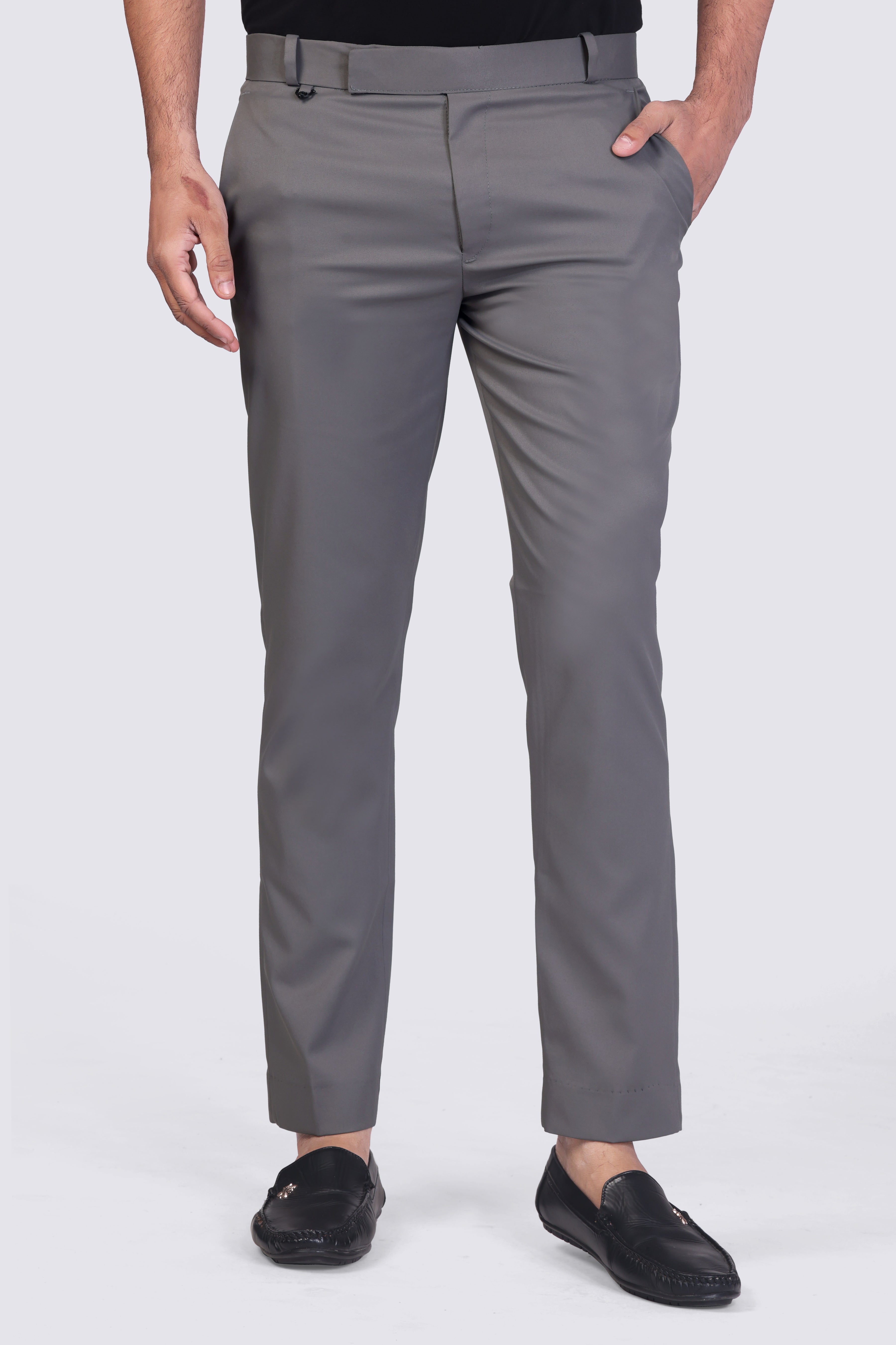 Dark Grey pleated plain ankle length trousers for men