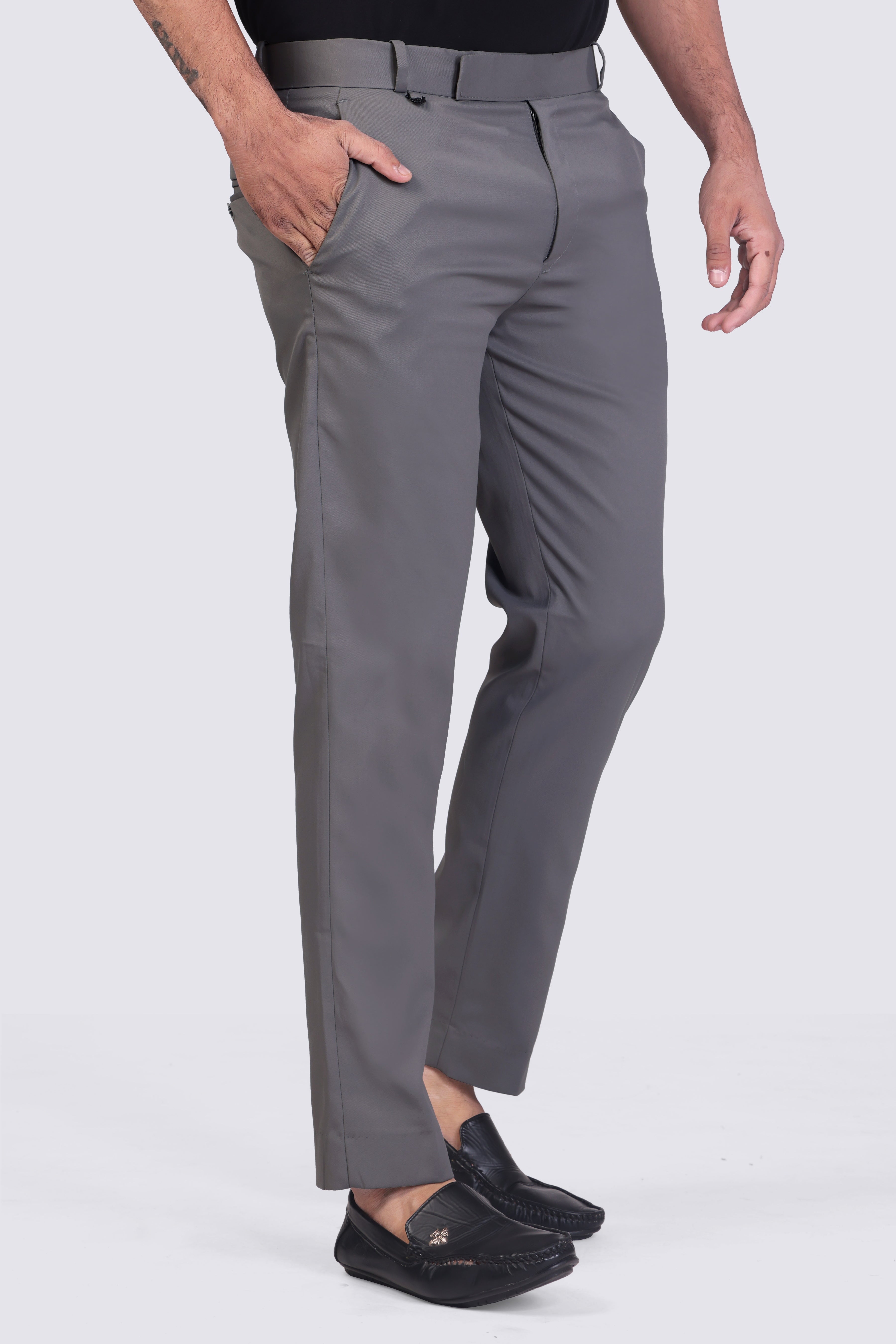 Dark Grey pleated plain ankle length trousers for men