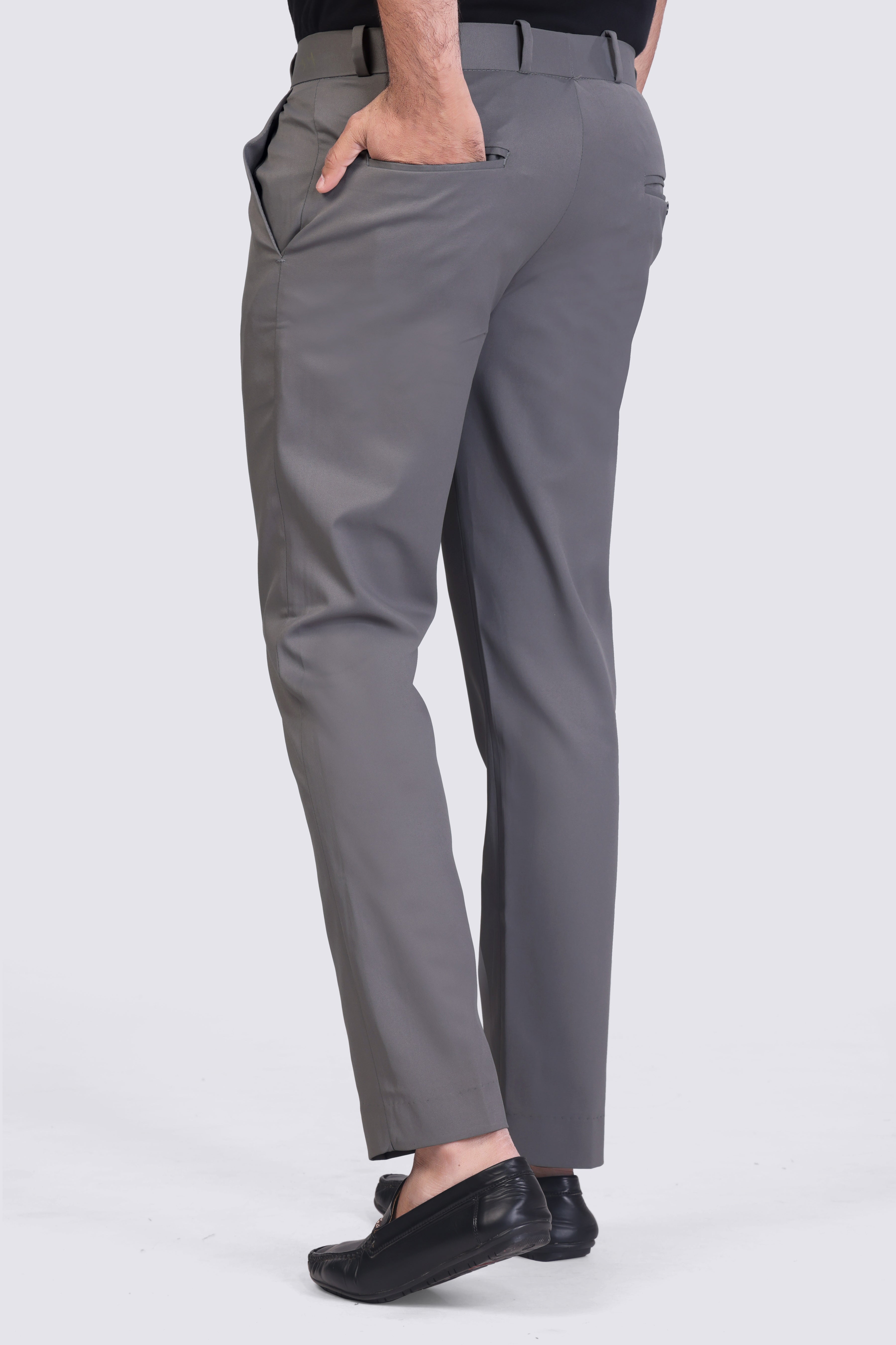 Dark Grey pleated plain ankle length trousers for men