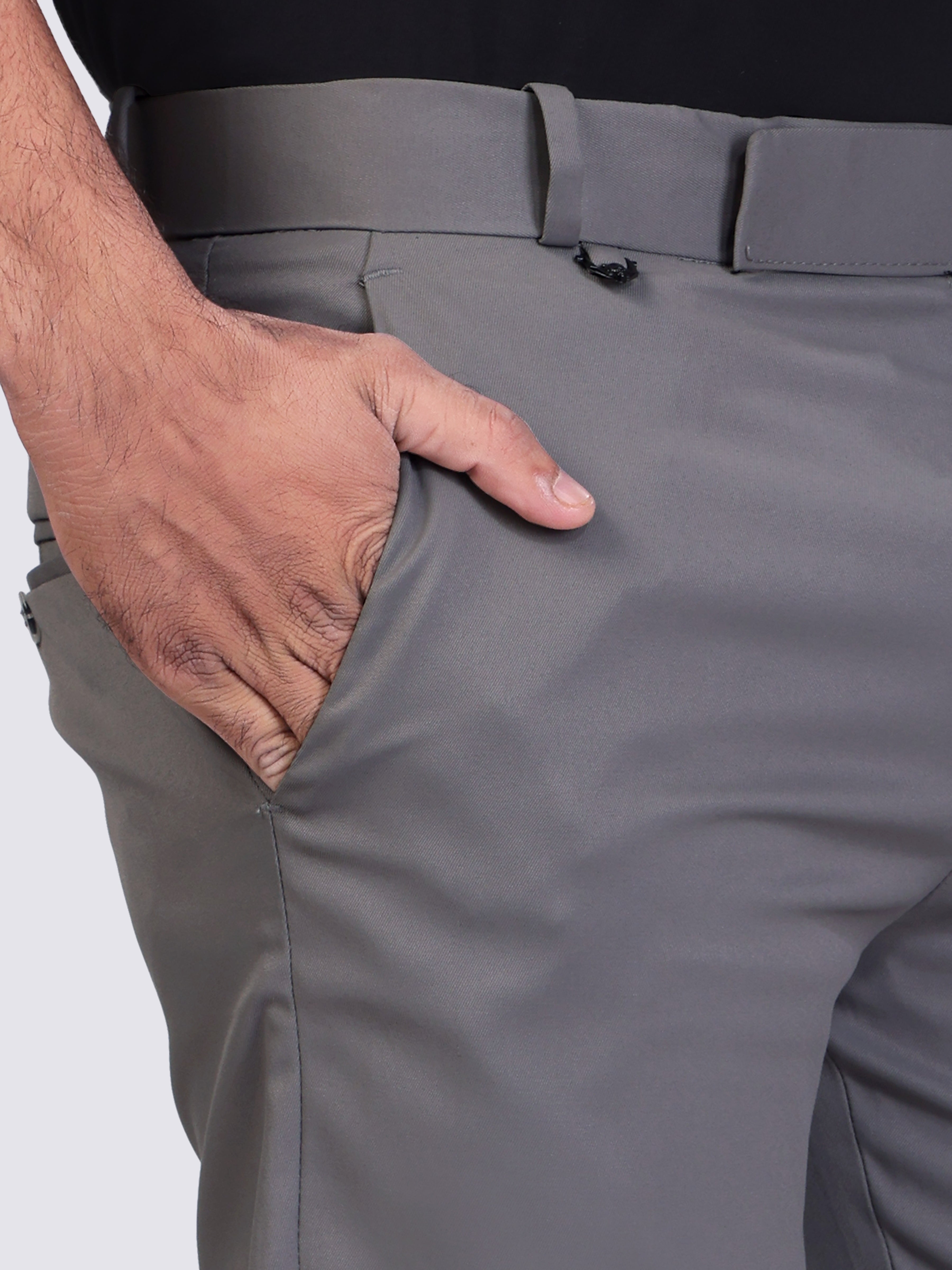 Dark Grey pleated plain ankle length trousers for men