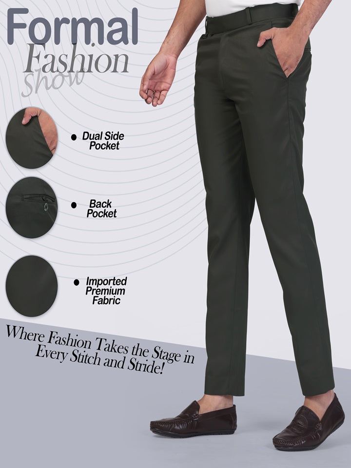 Bottle Green Pleated Plain Ankle Length Trousers for Men's