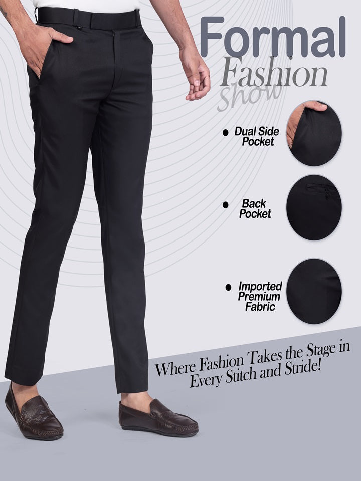 Deep Black Pleated Plain Ankle Length Trousers for Men's