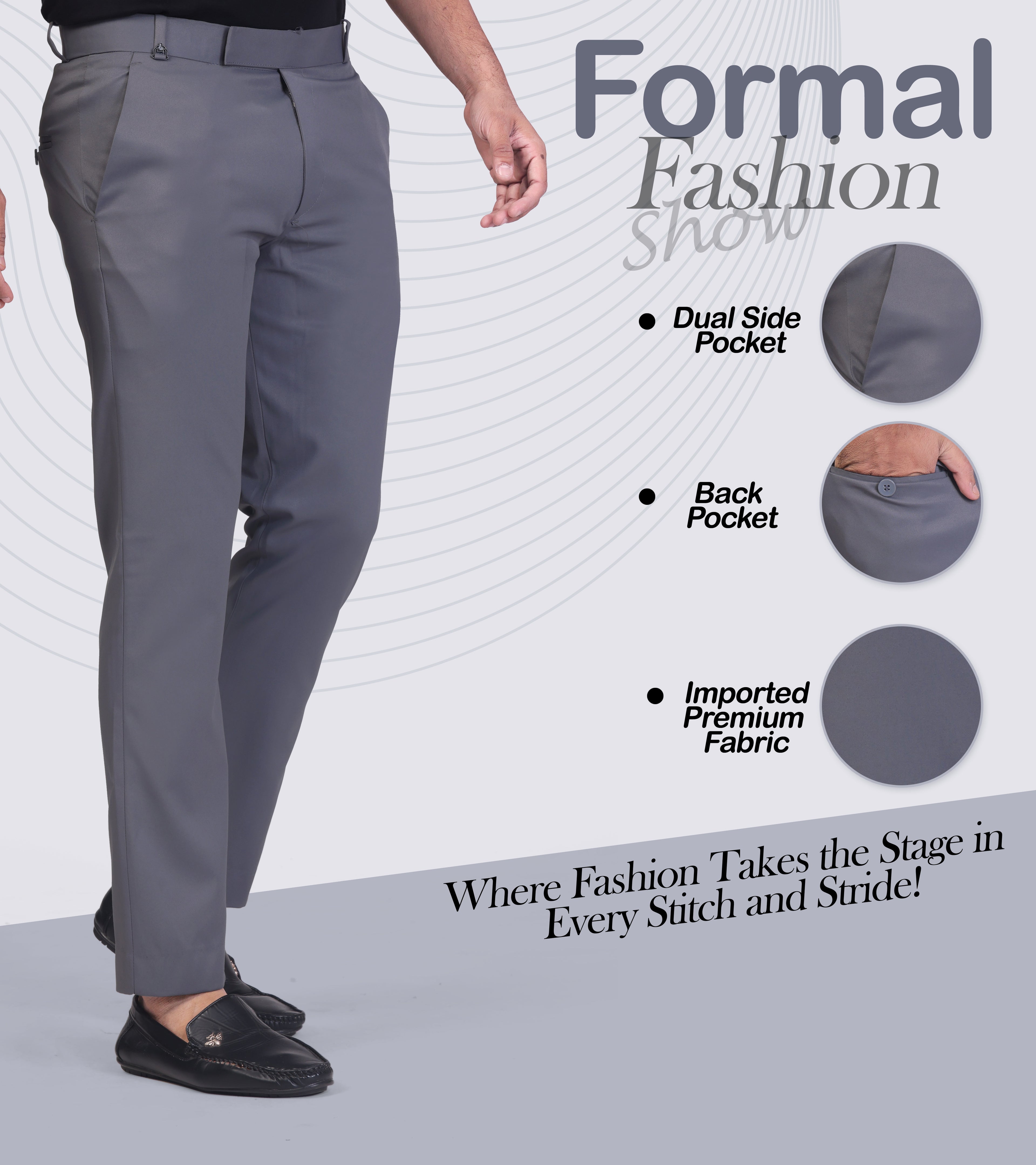 Dark Grey pleated plain ankle length trousers for men