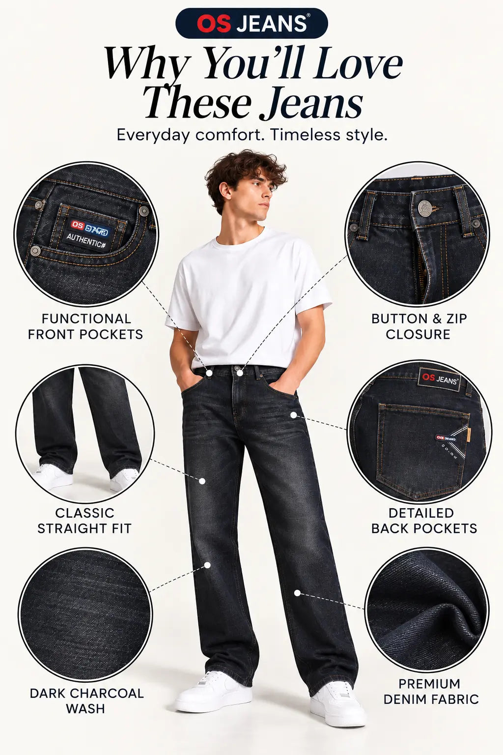 Men's Dark Wash Black Straight Fit Jeans