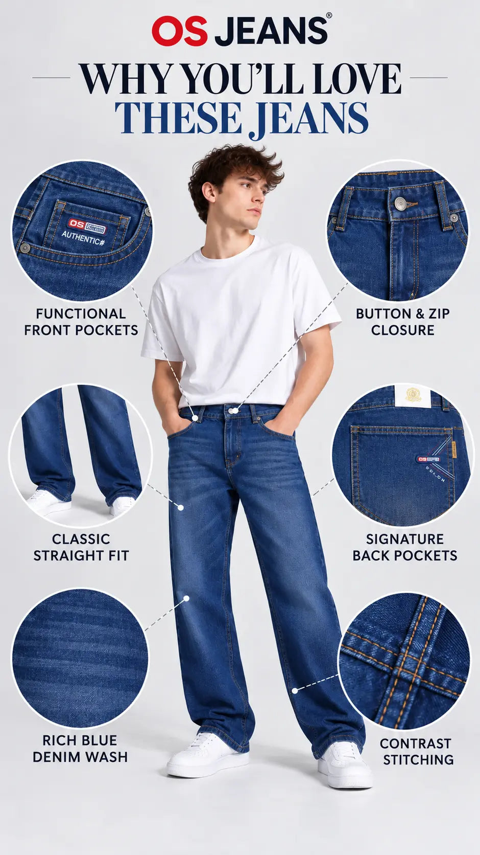 Men's Mid Blue Washed Straight Fit Jeans