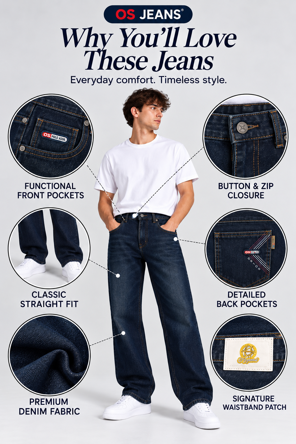 Men's Dark Blue Classic Straight Fit Jeans